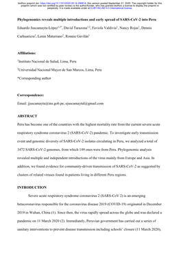 Phylogenomics Reveals Multiple Introductions and Early Spread of SARS-Cov-2 Into Peru