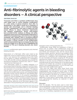 Anti-Fibrinolytic Agents in Bleeding Disorders – a Clinical Perspective