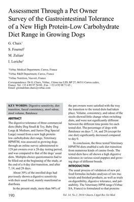 Assessment Through a Pet Owner Survey of the Gastrointestinal Tolerance of a New High Protein-Low Carbohydrate Diet Range in Growing Dogs G