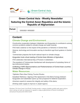 Weekly Newsletter Featuring the Central Asian Republics and the Islamic Republic of Afghanistan