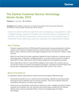 The Gartner Customer Service Technology Vendor Guide, 2019