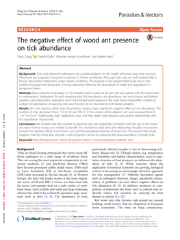 The Negative Effect of Wood Ant Presence on Tick Abundance Silvia Zingg1* , Patrick Dolle1, Maarten Jeroen Voordouw2 and Maren Kern1