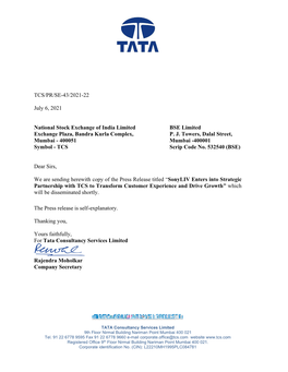 TCS/PR/SE-43/2021-22 July 6, 2021 National Stock Exchange of India