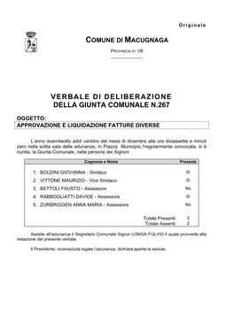 Verbale Di Deliberazione Della Giunta Comunale N.267