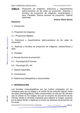 TEMA 47 Proyección De Imágenes. Estructura Y Requerimientos Óptico-Acústicos De Las Salas De Proyección