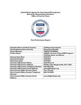 United States Agency for International Development Bureau for Humanitarian Assistance Office of Food for Peace Final Performance