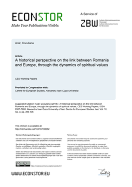 A Historical Perspective on the Link Between Romania and Europe, Through the Dynamics of Spiritual Values