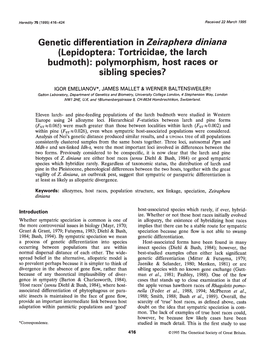 Genetic Differentiation in Zeiraphera Diniana (Lepidoptera: Tortricidae, the Larch Budmoth): Polymorphism, Host Races Or Sibling Species?