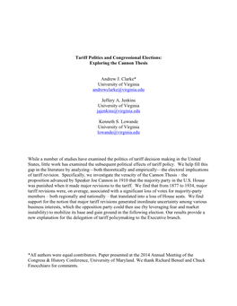 Tariff Politics and Congressional Elections: Exploring the Cannon Thesis Andrew J. Clarke* University of Virginia Andrewclarke@V