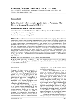 Palm Oil Industry Effect on Water Quality Status of Pawan and Jelai Rivers in Ketapang Regency in 2012-2016