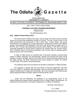 EXTRAORDINARY PUBLISHED by AUTHORITY No.2164, CUTTACK, SATURDAY, NOVEMBER 26, 2016/MARGASIRA 5 1938 [No. 11487–T.TSP.II 19/201