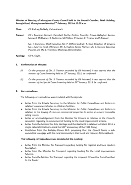 Minutes of Meeting of Monaghan County Council Held in the Council Chamber, Mtek Building, Armagh Road, Monaghan on Monday 2Nd February, 2015 at 10.00 A.M