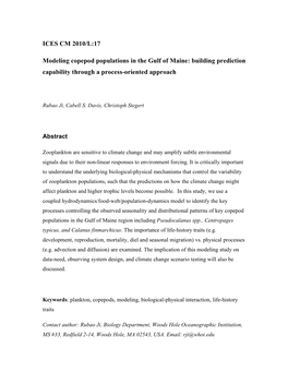 Modeling Copepod Populations in the Gulf of Maine: Building Prediction Capability Through a Process-Oriented Approach