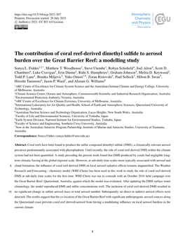 The Contribution of Coral Reef-Derived Dimethyl Sulfide to Aerosol Burden