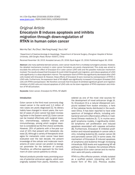 Original Article Eriocalyxin B Induces Apoptosis and Inhibits Migration Through Down-Regulation of RTKN in Human Colon Cancer