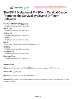 The E545 Mutation of PIK3CA in Cervical Cancer Promotes the Survival by Several Different Pathways