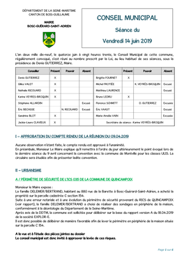 CONSEIL MUNICIPAL MAIRIE BOSC -GUÉRARD -SAINT -ADRIEN Séance Du Vendredi 14 Juin 2019