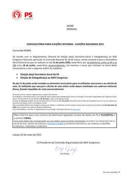 ELEIÇÕES NACIONAIS 2021 Camarada NOME, • Eleição Do(A)