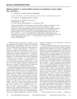 METALS. SUPERCONDUCTORS Relation Between Tc and the Defect