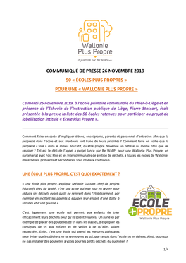 Communiqué De Presse 26 Novembre 2019 50 « Écoles Plus Propres » Pour Une « Wallonie Plus Propre »