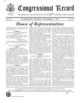 Congressional Record United States Th of America PROCEEDINGS and DEBATES of the 114 CONGRESS, FIRST SESSION