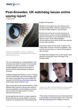 Post-Snowden, UK Watchdog Issues Online Spying Report 11 June 2015
