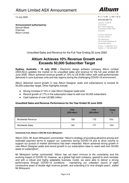 Altium Limited ASX Announcement