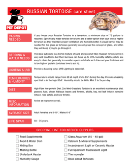 RUSSIAN TORTOISE Care Sheet