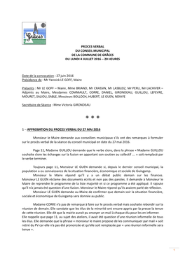 Proces Verbal Du Conseil Municipal De La Commune De Grâces Du Lundi 4 Juillet 2016 – 20 Heures