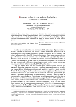 Literatura Oral En La Provincia De Guadalajara. Estado De La Cuestión