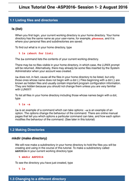 Linux Tutorial One -ASP2016- Session 1- 2 August 2016