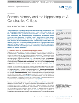 Remote Memory and the Hippocampus: a Constructive Critique