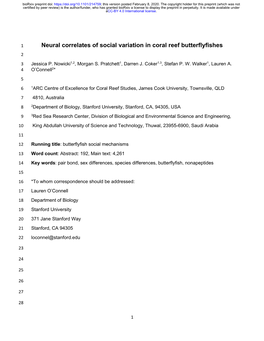 Neural Correlates of Social Variation in Coral Reef Butterflyfishes 2 3 Jessica P