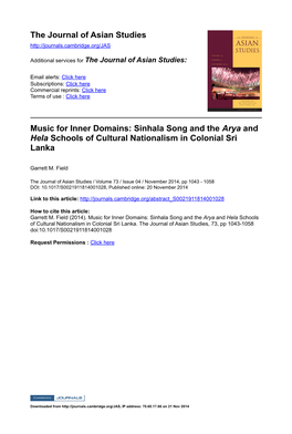 Sinhala Song and the Arya and Hela Schools of Cultural Nationalism in Colonial Sri Lanka