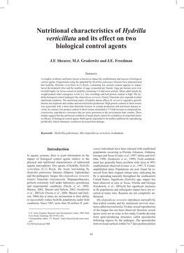 Nutritional Characteristics of Hydrilla Verticillata and Its Effect on Two Biological Control Agents