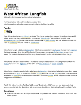 West African Lungfish a Living Fossil’S Biological and Behavioral Adaptations