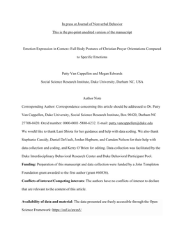 In Press at Journal of Nonverbal Behavior This Is the Pre-Print Unedited Version of the Manuscript Emotion Expression in Context