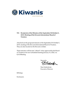 Recipients of the Minutes of the September 30-October 5, 2019, Meeting of the Kiwanis International Board of Trustees