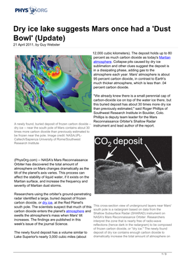 Dry Ice Lake Suggests Mars Once Had a 'Dust Bowl' (Update) 21 April 2011, by Guy Webster