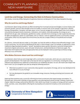 Land Use and Energy: Connecting the Dots to Enhance Communities Chris Keeley, University of New Hampshire Cooperative Extension and Benjamin D