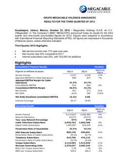 Grupo Megacable Holdings Announces Results for the Third Quarter of 2012