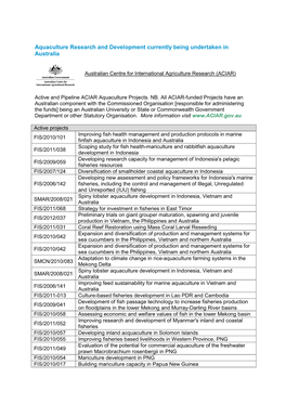 Aquaculture Research and Development Currently Being Undertaken in Australia