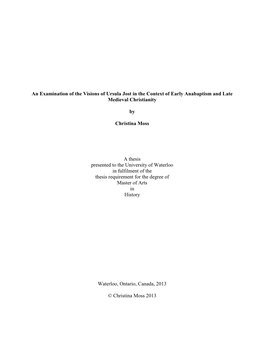 An Examination of the Visions of Ursula Jost in the Context of Early Anabaptism and Late Medieval Christianity