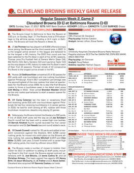 CLEVELAND BROWNS WEEKLY GAME RELEASE Regular Season Week 2, Game 2 Cleveland Browns (0-1) at Baltimore Ravens (1-0) DATE: Sunday, Sept