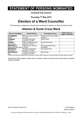 STATEMENT of PERSONS NOMINATED Election of a Ward