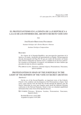 EL PROTESTANTISMO EN LA España DE LA II República a LA Luz DE LOS INFORMES DEL ARCHIVO SECRETO VATICANO