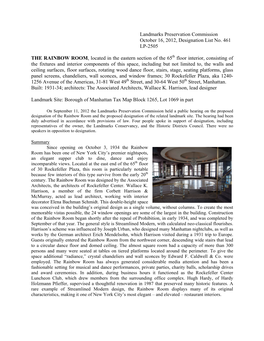 Landmarks Preservation Commission October 16, 2012, Designation List No. 461 LP-2505 the RAINBOW ROOM, Located in the Eastern Section of the 65