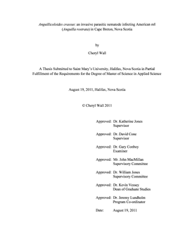 Anguillicoloides Crassus: an Invasive Parasitic Nematode Infecting American Eel (Anguilla Rostratd) in Cape Breton, Nova Scotia