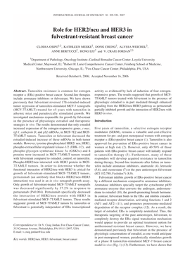 Role for HER2/Neu and HER3 in Fulvestrant-Resistant Breast Cancer