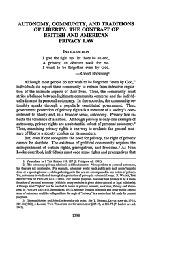 Autonomy, Community, and Traditions of Liberty: the Contrast of British and American Privacy Law